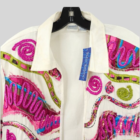 Bleu Bayou Open Front Jacket Size 1X Artsy Colorful 3/4 Sleeve Ribbon Applique - Picture 13 of 16
